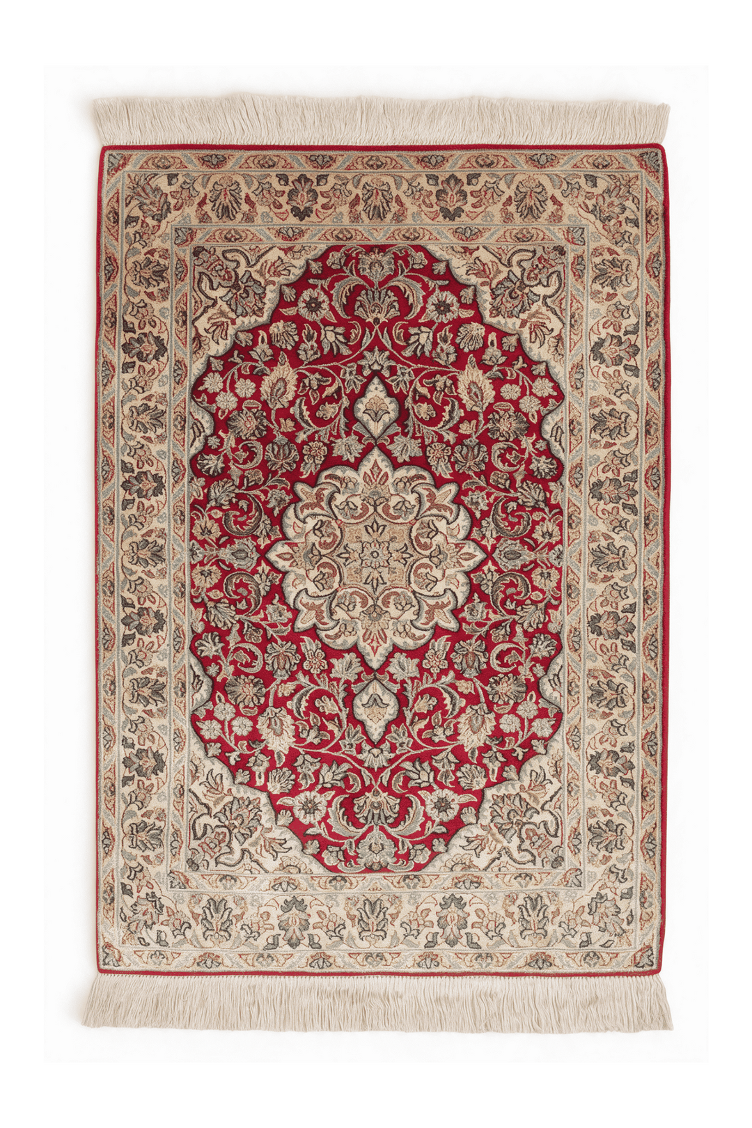 レッドのカシミール シルク絨毯（メダリオン柄） 62×87cm・玄関マットの手織りシルクラグ