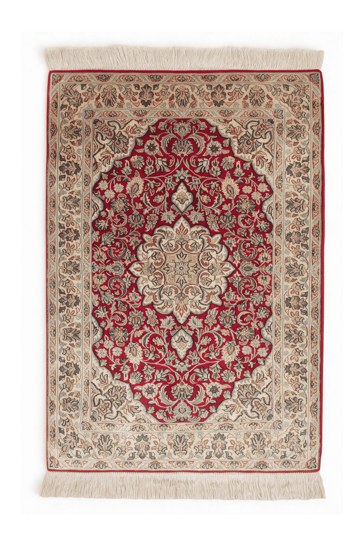 レッドのカシミール シルク絨毯（メダリオン柄） 62×87cm・玄関マットの手織りシルクラグ