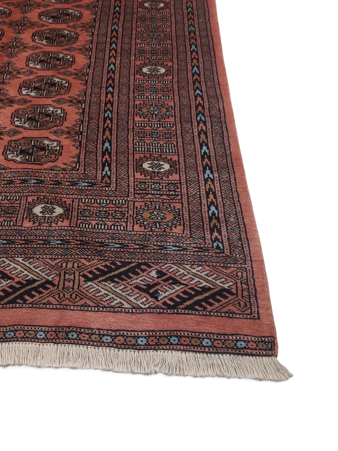 Terracotta and Espresso Turkmen Gül Bokhara, Hand-Knotted Wool Rug