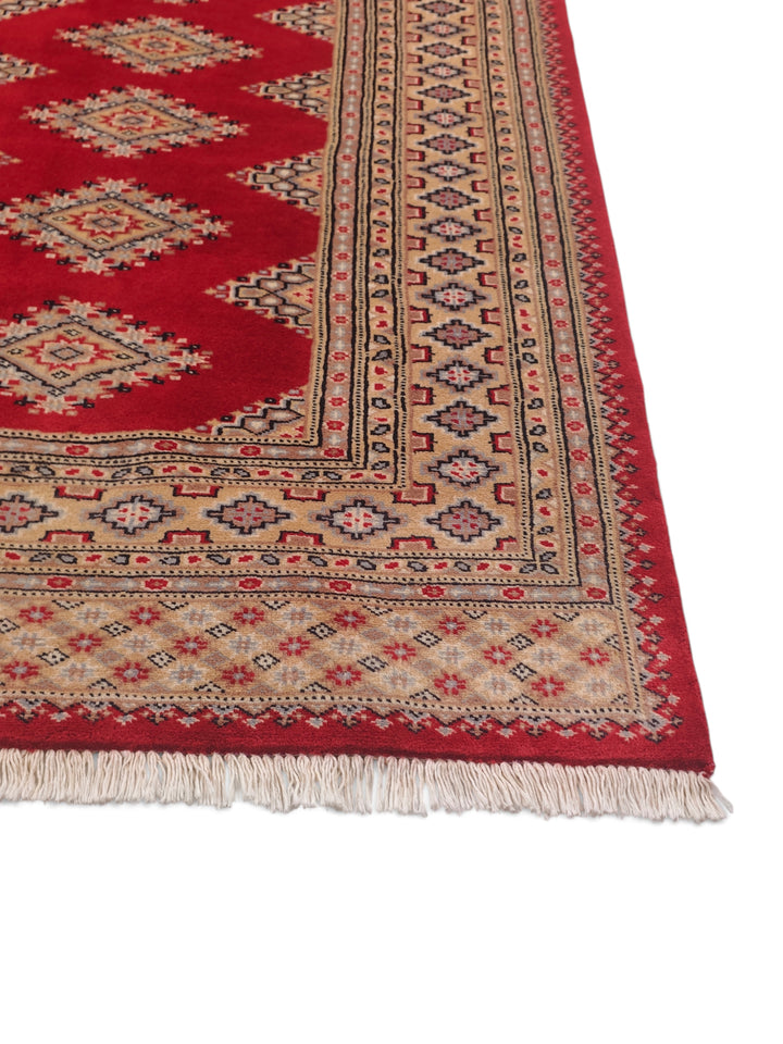 Crimson and Camel Jaldar Diamond Gül, Hand-Knotted Wool and Silk Rug