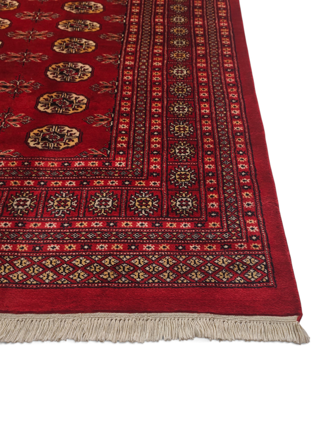 Madder Red and Wheat Gold Turkmen Gül Bokhara, Hand-Knotted Wool Rug