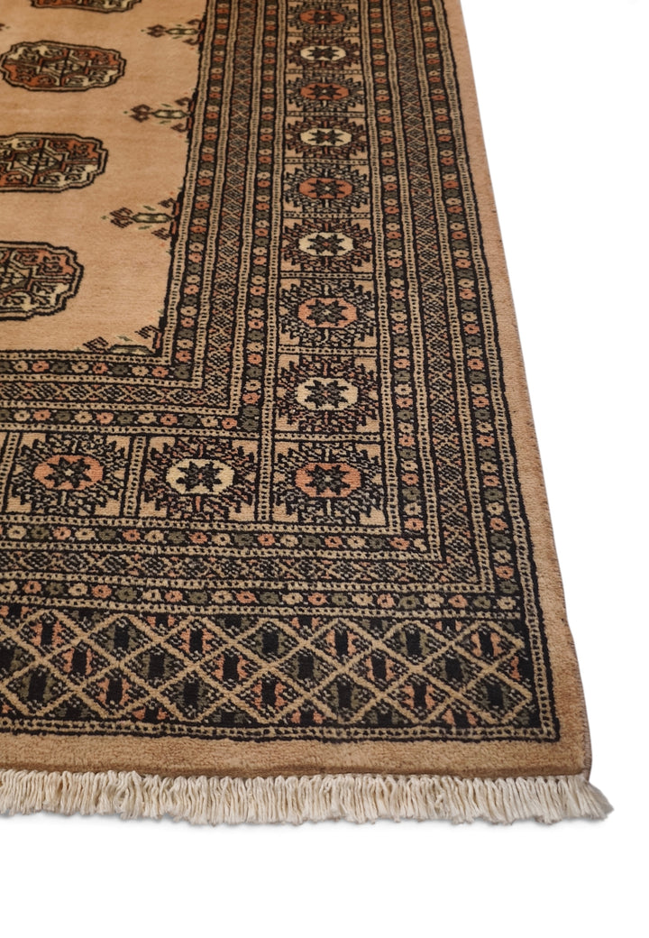Camel and Mahogany Turkmen Gül Bokhara, Hand-Knotted Wool Rug