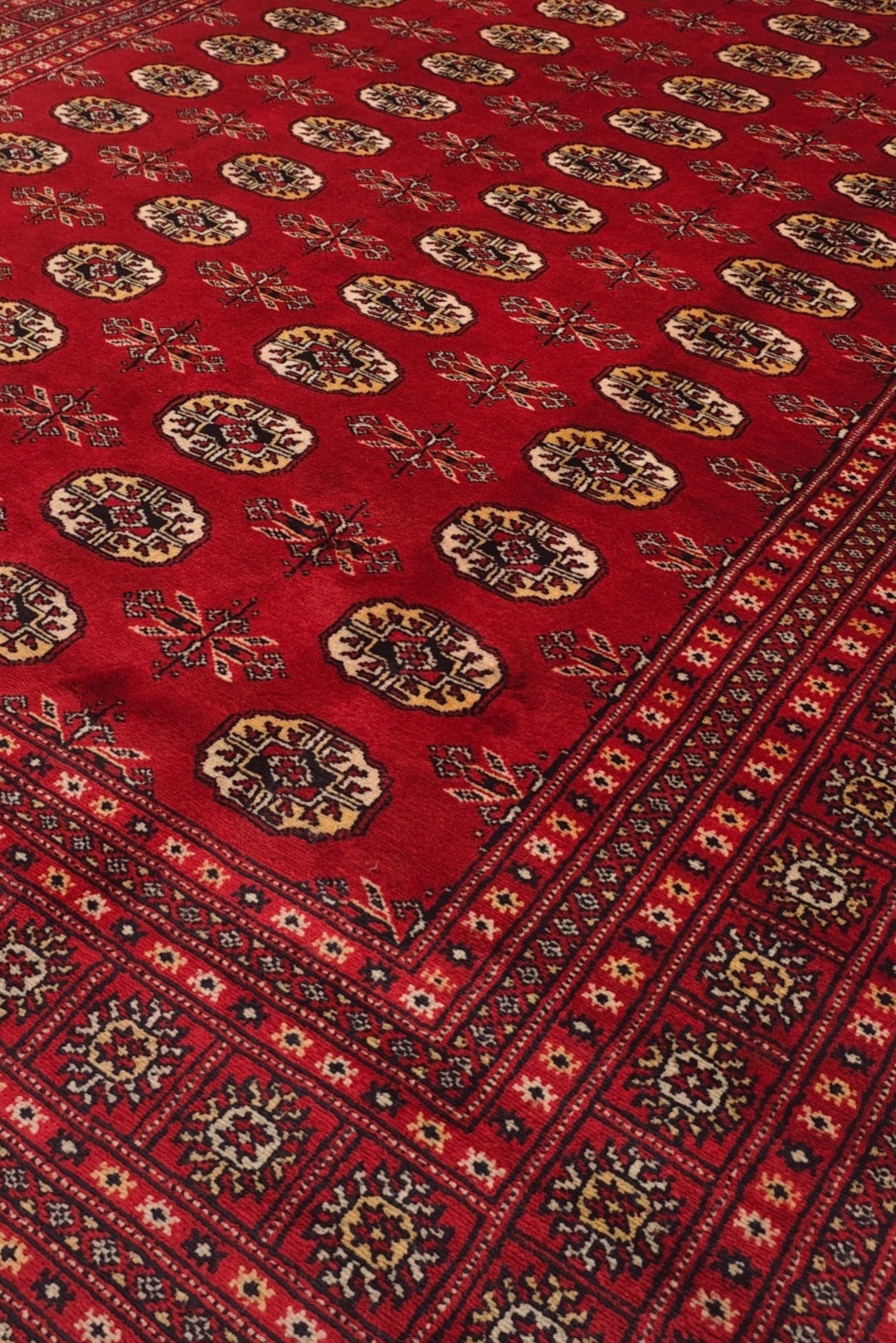 Madder Red and Wheat Gold Turkmen Gül Bokhara, Hand-Knotted Wool Rug