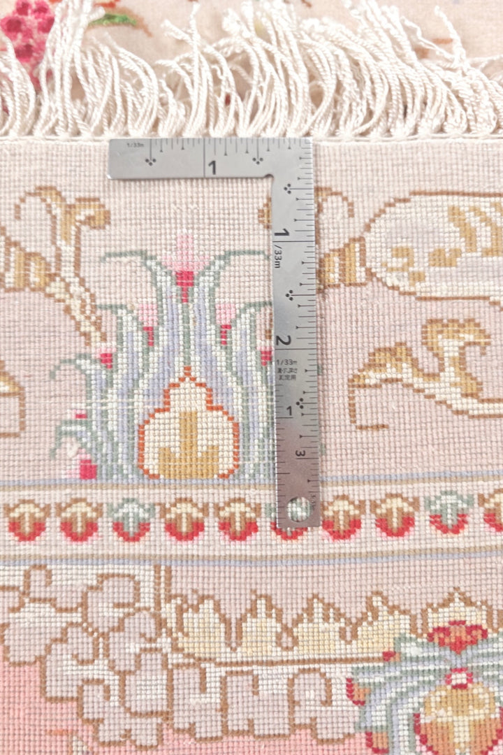 Cream and Rose Pink Medallion Tabriz, Hand-Knotted Wool Rug