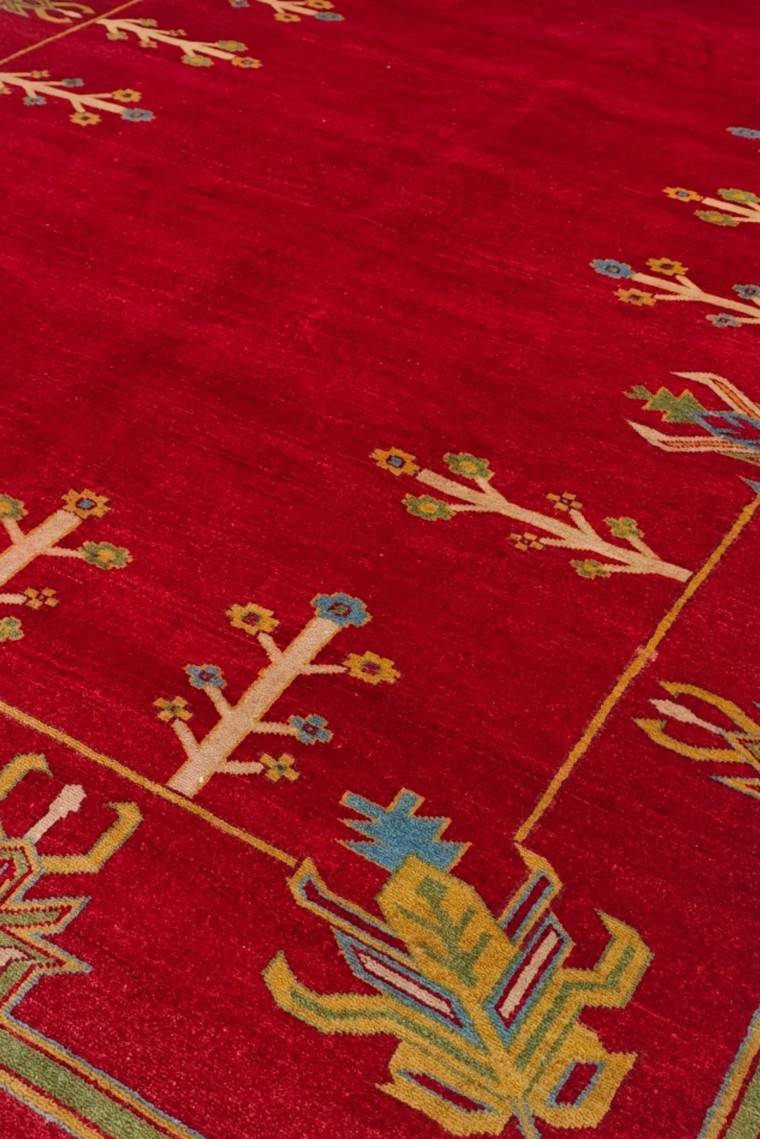 Deep Red and Cream Flowering Tree, Hand-Knotted Wool Rug