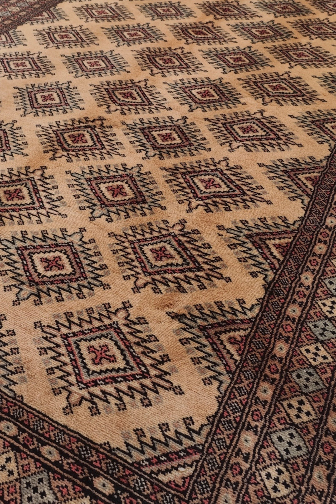 Cream and Brown Jaldar Stepped Diamond, Hand-Knotted Wool Rug