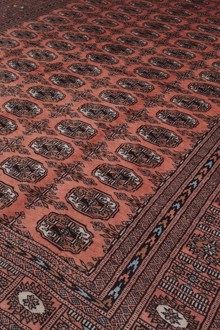 Terracotta and Espresso Turkmen Gül Bokhara, Hand-Knotted Wool Rug