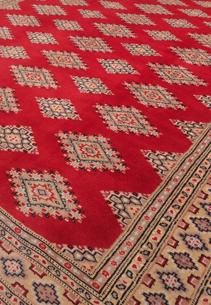 Crimson and Camel Jaldar Diamond Gül, Hand-Knotted Wool and Silk Rug