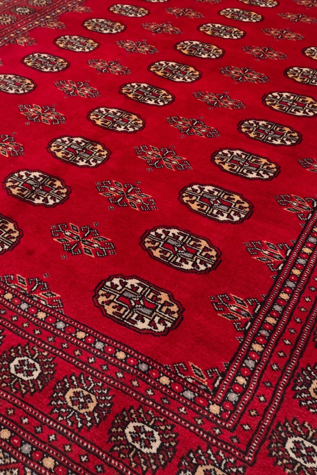 Crimson and Cream Turkmen Gül Bokhara, Hand-Knotted Wool Rug
