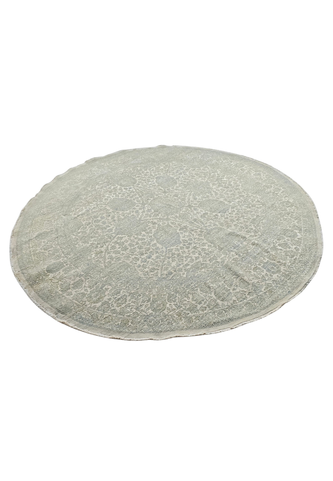 Sage and Cream Concentric Floral Round, Hand-Knotted Wool and Silk Rug