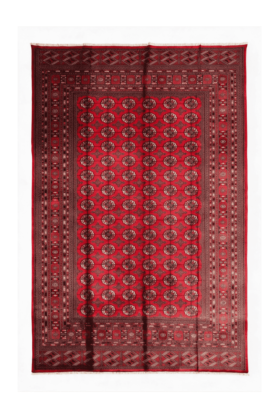 チェリーレッドのパキスタン絨毯 ブハラ（ギュル柄） 281×371cm・約8畳の手織りウールラグ