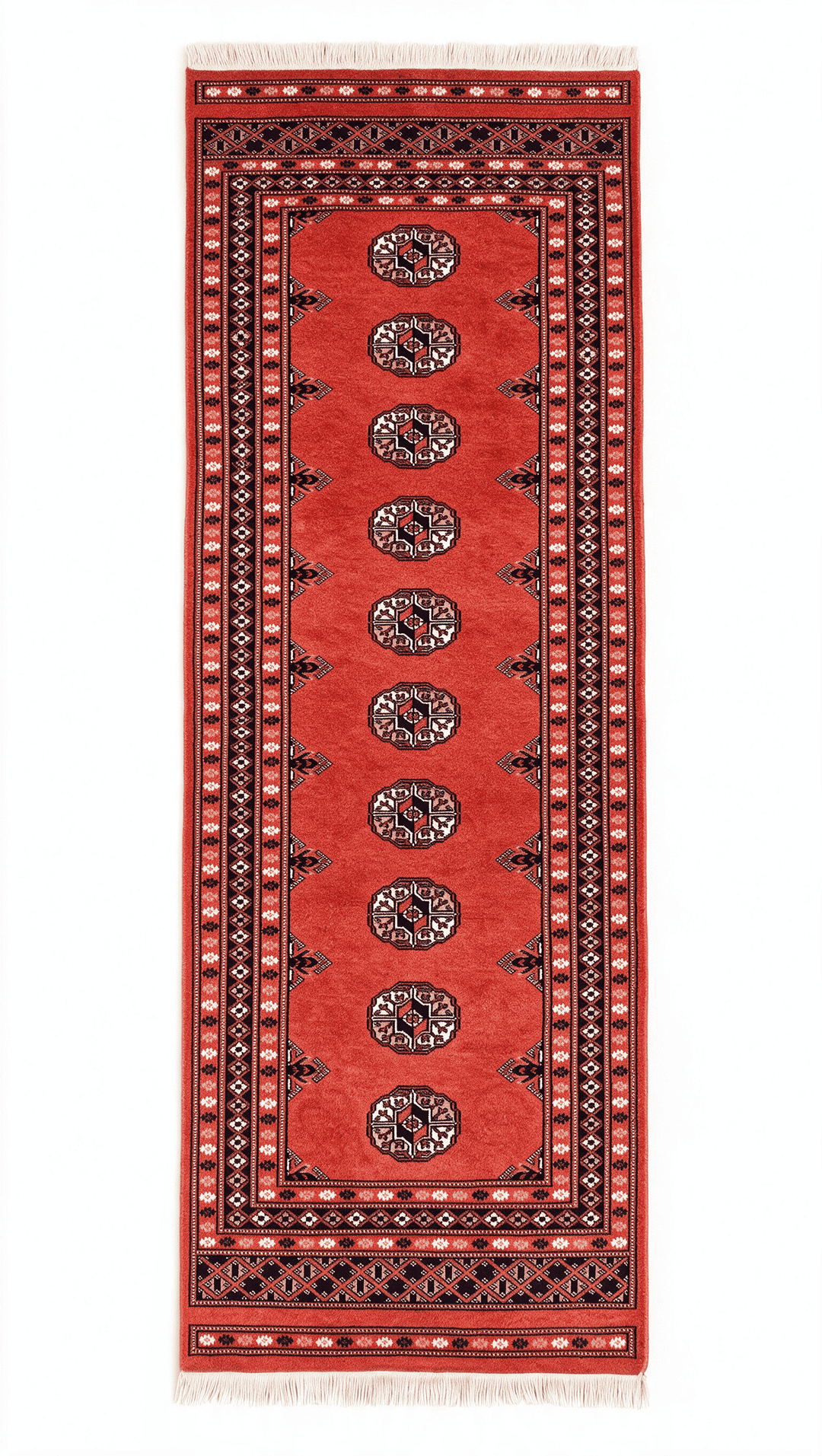 コーラルレッドのパキスタン絨毯 ブハラ（ギュル柄） 70×146cm・約1畳の手織りウールラグ