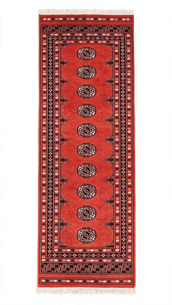 コーラルレッドのパキスタン絨毯 ブハラ（ギュル柄） 70×146cm・約1畳の手織りウールラグ