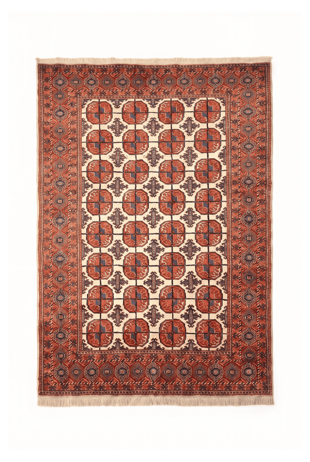 クリームのパキスタン絨毯 ブハラ（ギュル柄） 114×154cm・約1畳の手織りウールラグ