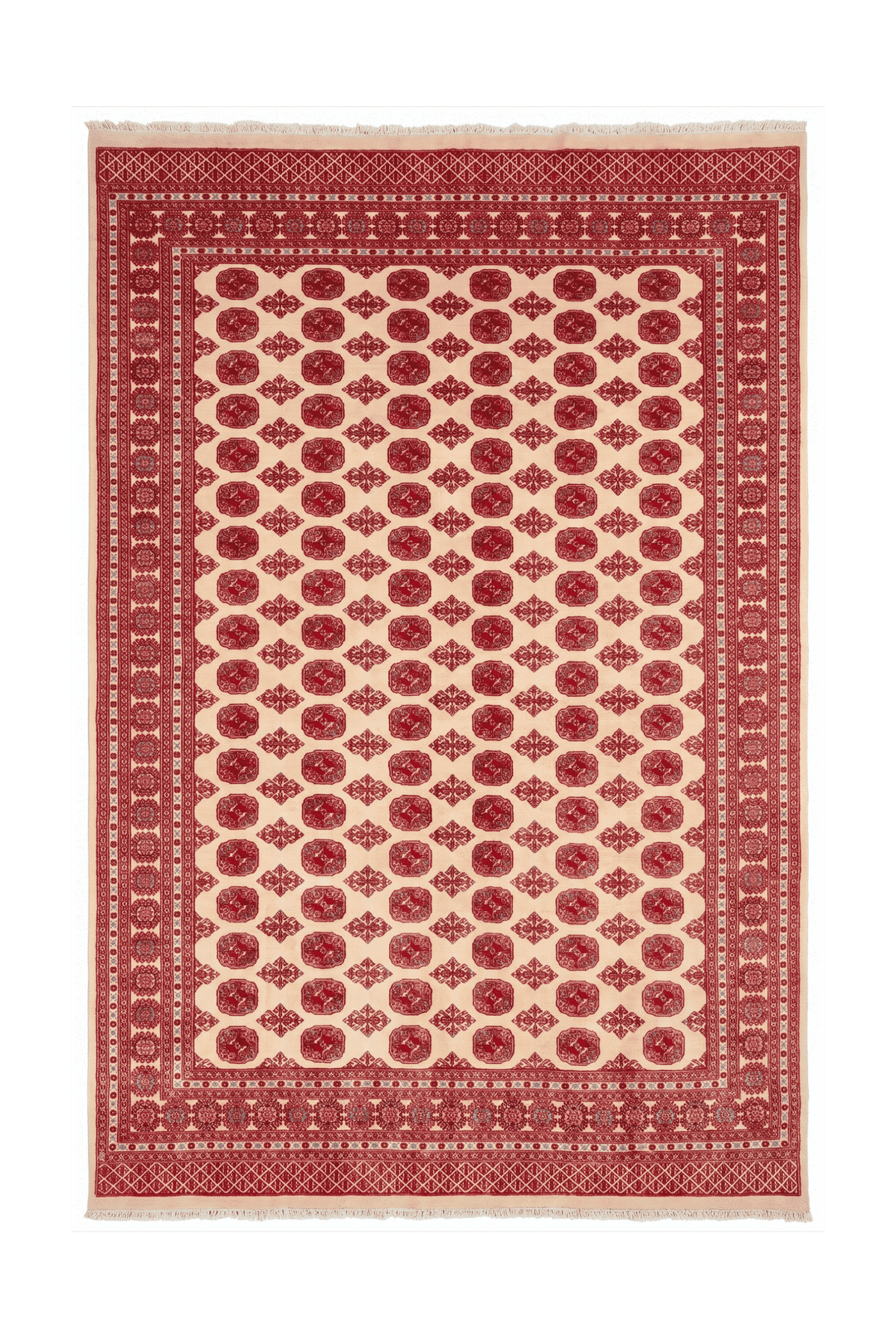 クリームのパキスタン絨毯 ブハラ（ギュル柄） 244×298cm・約4.5畳の手織りウールラグ