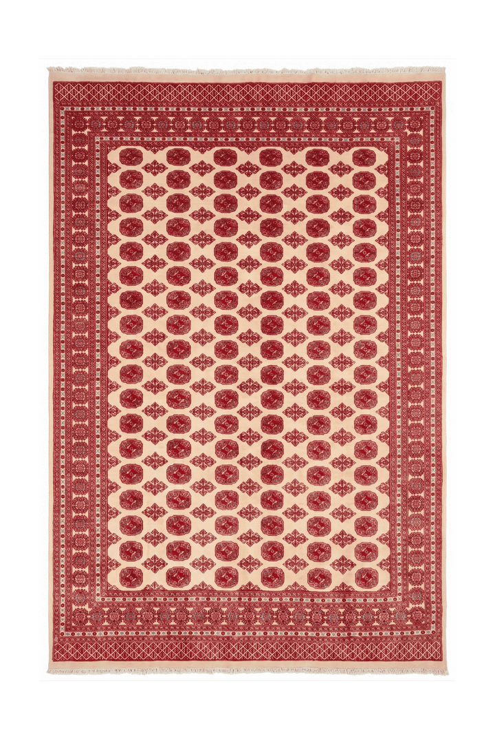 クリームのパキスタン絨毯 ブハラ（ギュル柄） 244×298cm・約4.5畳の手織りウールラグ