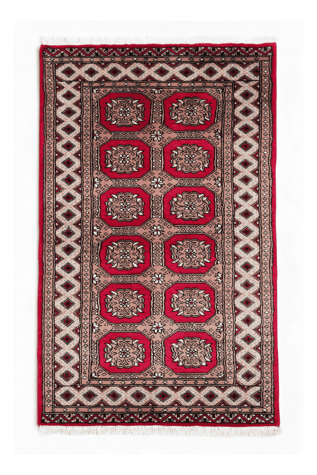 クリムゾンレッドのパキスタン絨毯 ブハラ（ギュル柄） 78×129cm・約1畳の手織りウールラグ