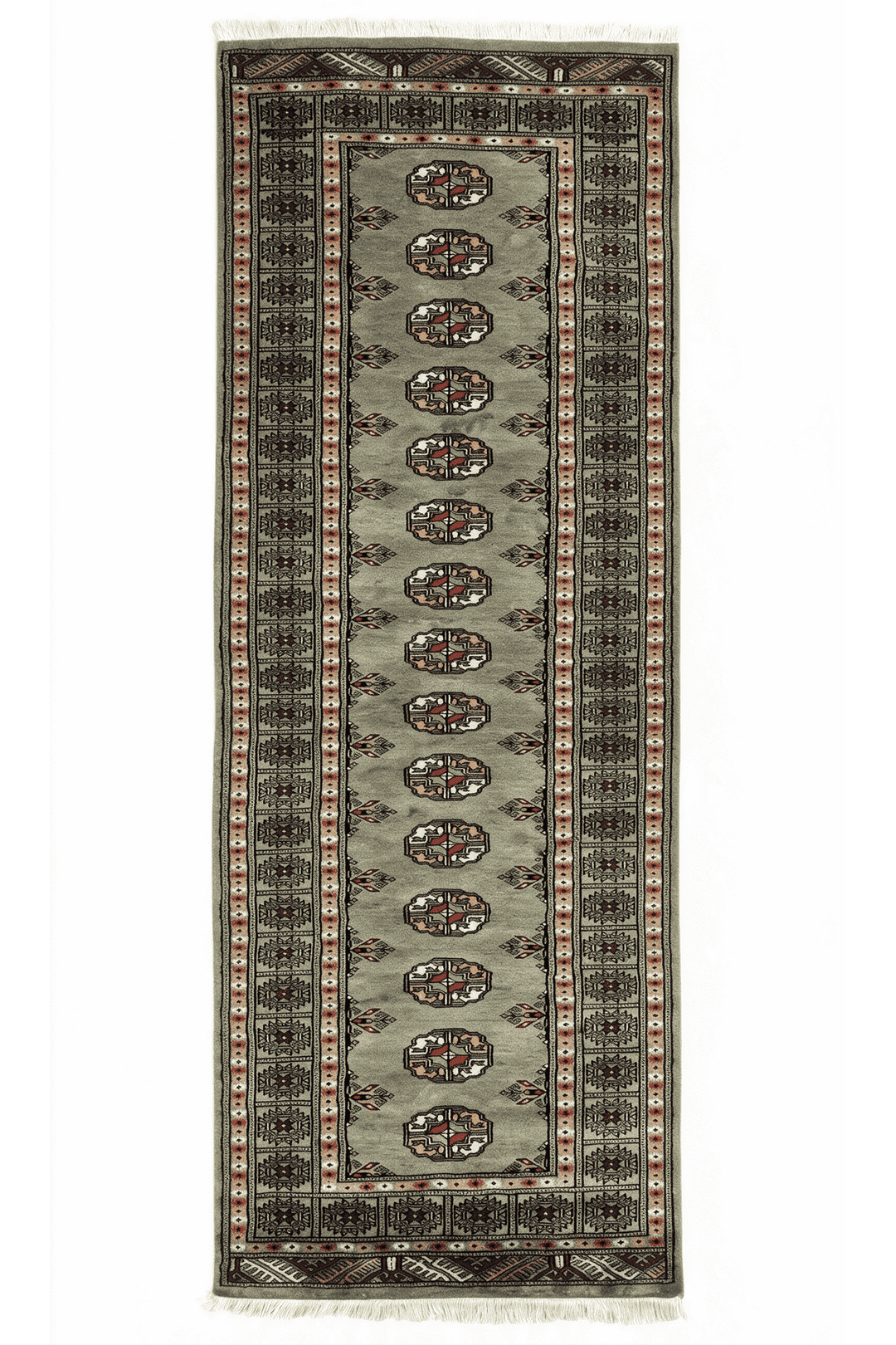 オリーブのパキスタン絨毯 ブハラ（ギュル柄） 78×230cm・廊下ランナーの手織りウールラグ
