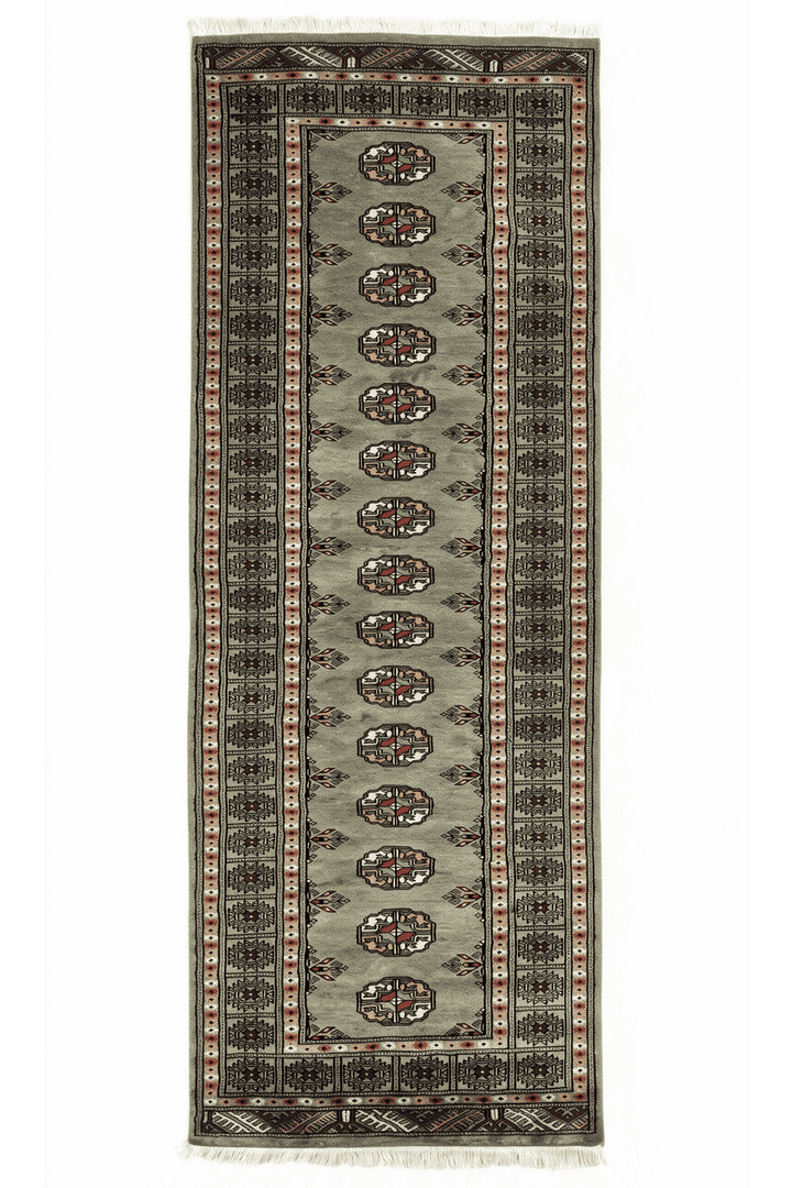 オリーブのパキスタン絨毯 ブハラ（ギュル柄） 78×230cm・廊下ランナーの手織りウールラグ