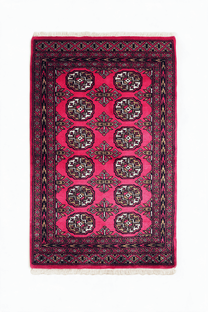 ラズベリーのパキスタン絨毯 ブハラ（ギュル柄） 79×124cm・約1畳の手織りウールラグ