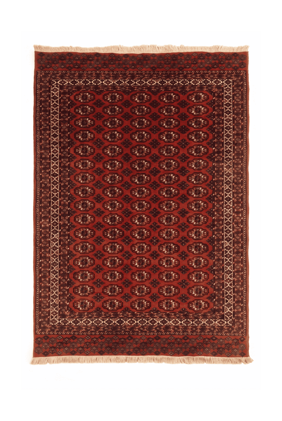 レッドのパキスタン絨毯 ブハラ（ギュル柄） 138×181cm・約1.5畳の手織りウールラグ