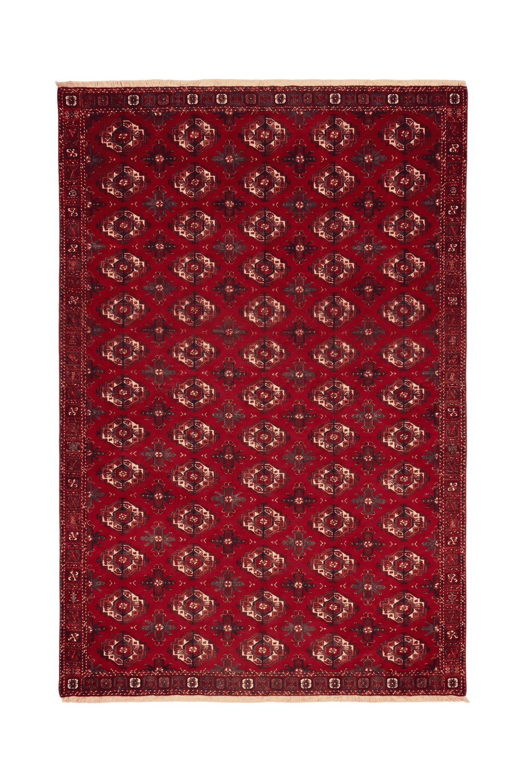 レッドのパキスタン絨毯 ブハラ（ギュル柄） 218×300cm・約4.5畳の手織りウールラグ