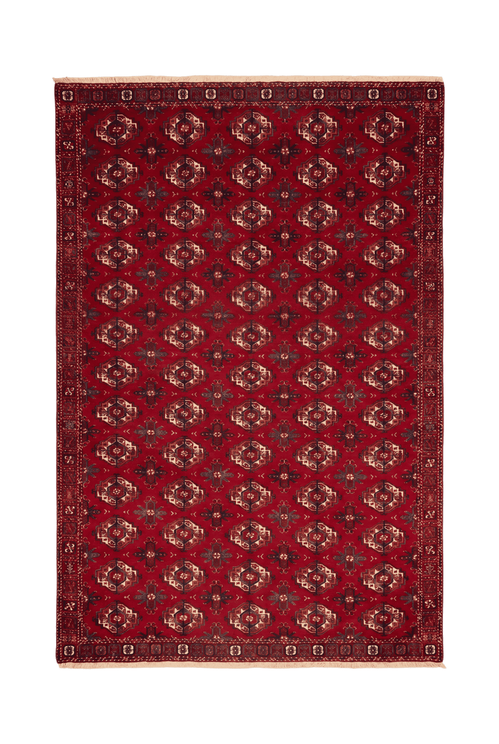 レッドのパキスタン絨毯 ブハラ（ギュル柄） 218×300cm・約4.5畳の手織りウールラグ