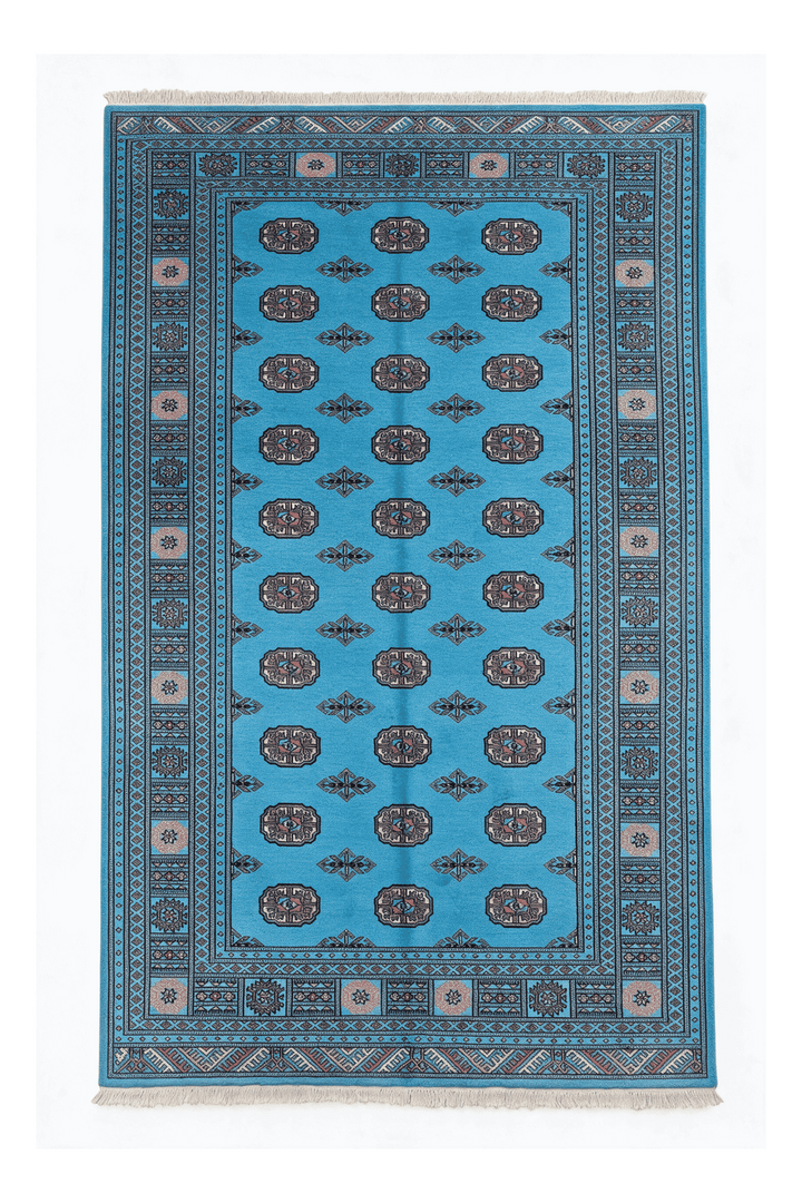 ターコイズのパキスタン絨毯 ブハラ（ギュル柄） 155×250cm・約2畳の手織りウールラグ