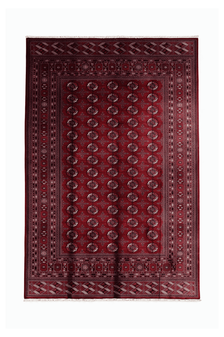 ワインレッドのパキスタン絨毯 ブハラ（ギュル柄） 280×359cm・約8畳の手織りウールラグ