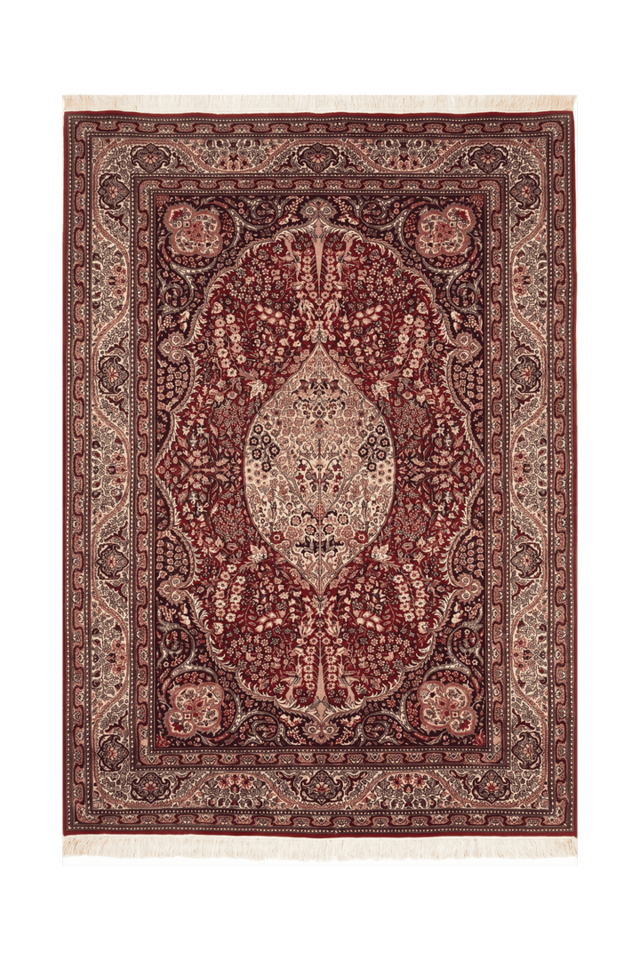 チェスナットブラウンのパキスタン絨毯 ダブルノット（メダリオン柄） 138×220cm・約2畳の手織りウールラグ