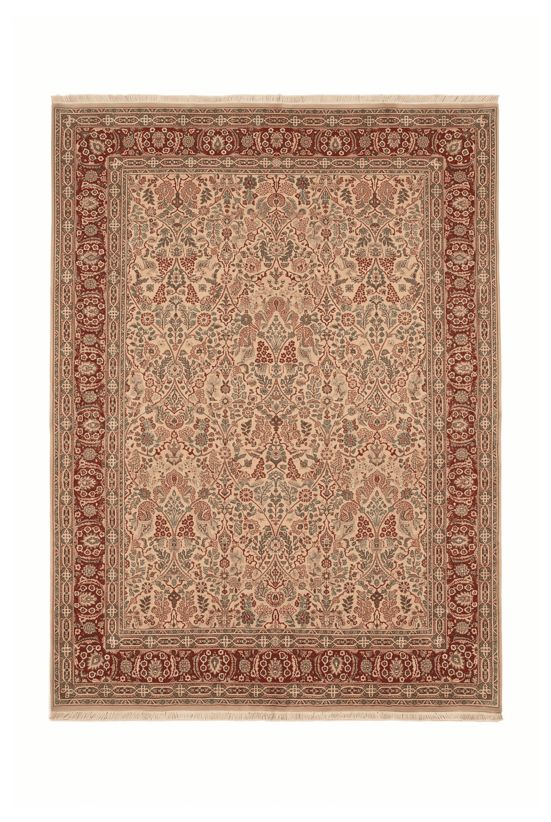 クリームのパキスタン絨毯 ダブルノット（花柄） 188×271cm・約3畳の手織りウールラグ