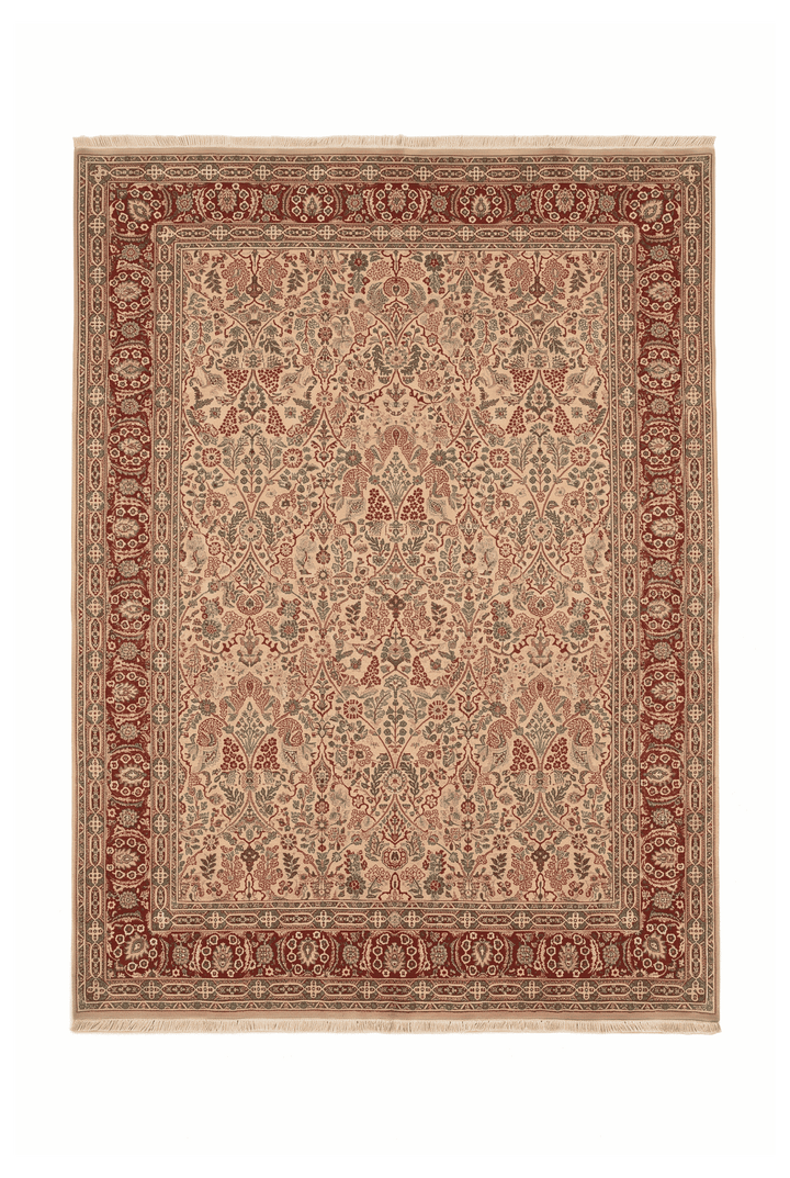 クリームのパキスタン絨毯 ダブルノット（花柄） 188×271cm・約3畳の手織りウールラグ