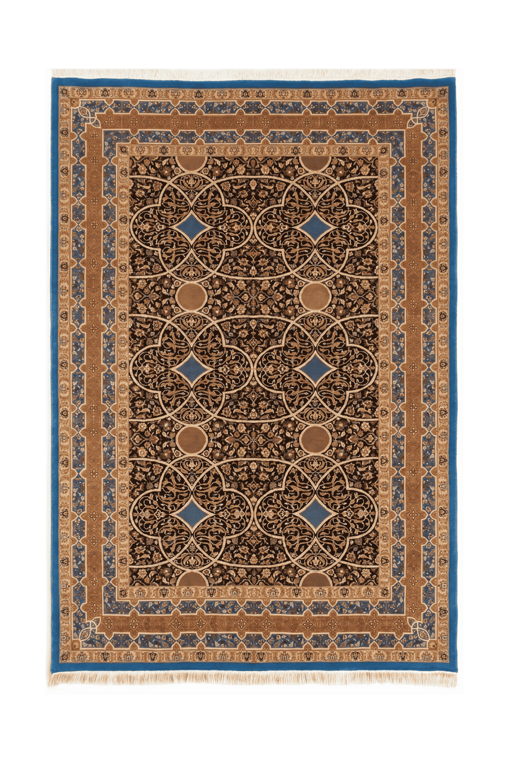 ラピスブルーのパキスタン絨毯 ダブルノット（花柄） 144×199cm・約1.5畳の手織りウールラグ