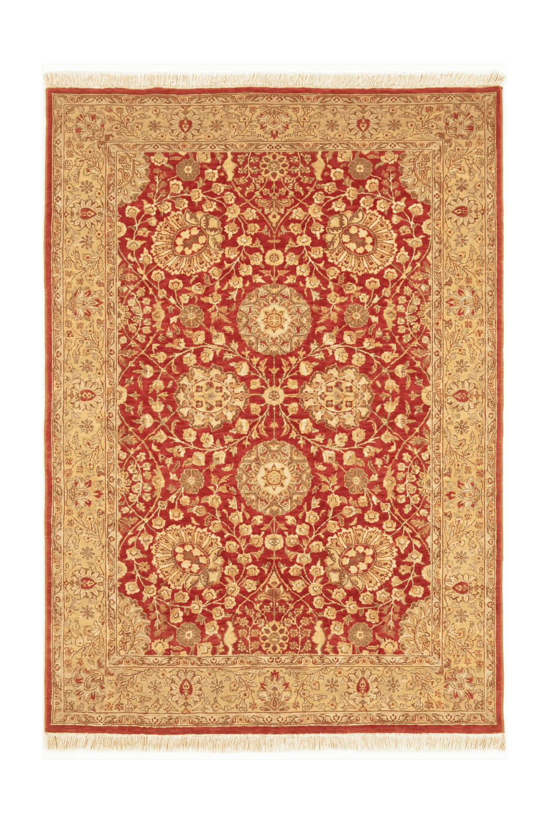 レッドのパキスタン絨毯 ダブルノット（花柄） 125×185cm・約1.5畳の手織りウールラグ