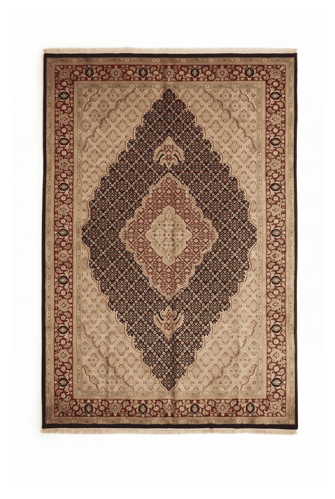 ベージュのパキスタン絨毯 ダブルノット シルク（花柄） 181×287cm・約3畳の手織りウール・シルクラグ