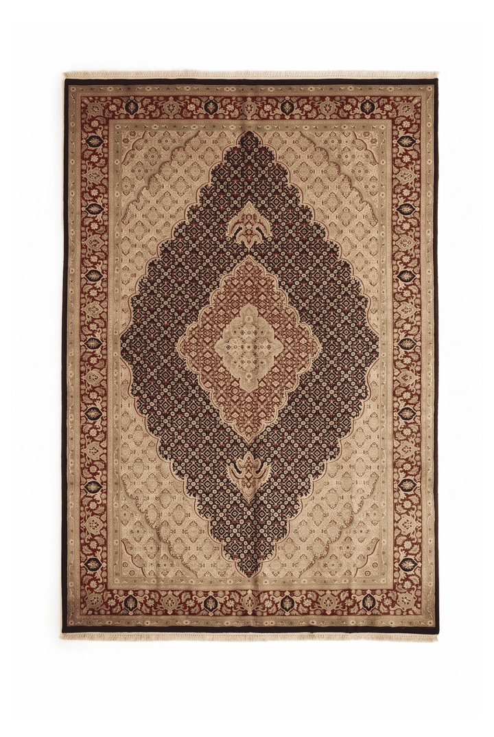ベージュのパキスタン絨毯 ダブルノット シルク（花柄） 181×287cm・約3畳の手織りウール・シルクラグ