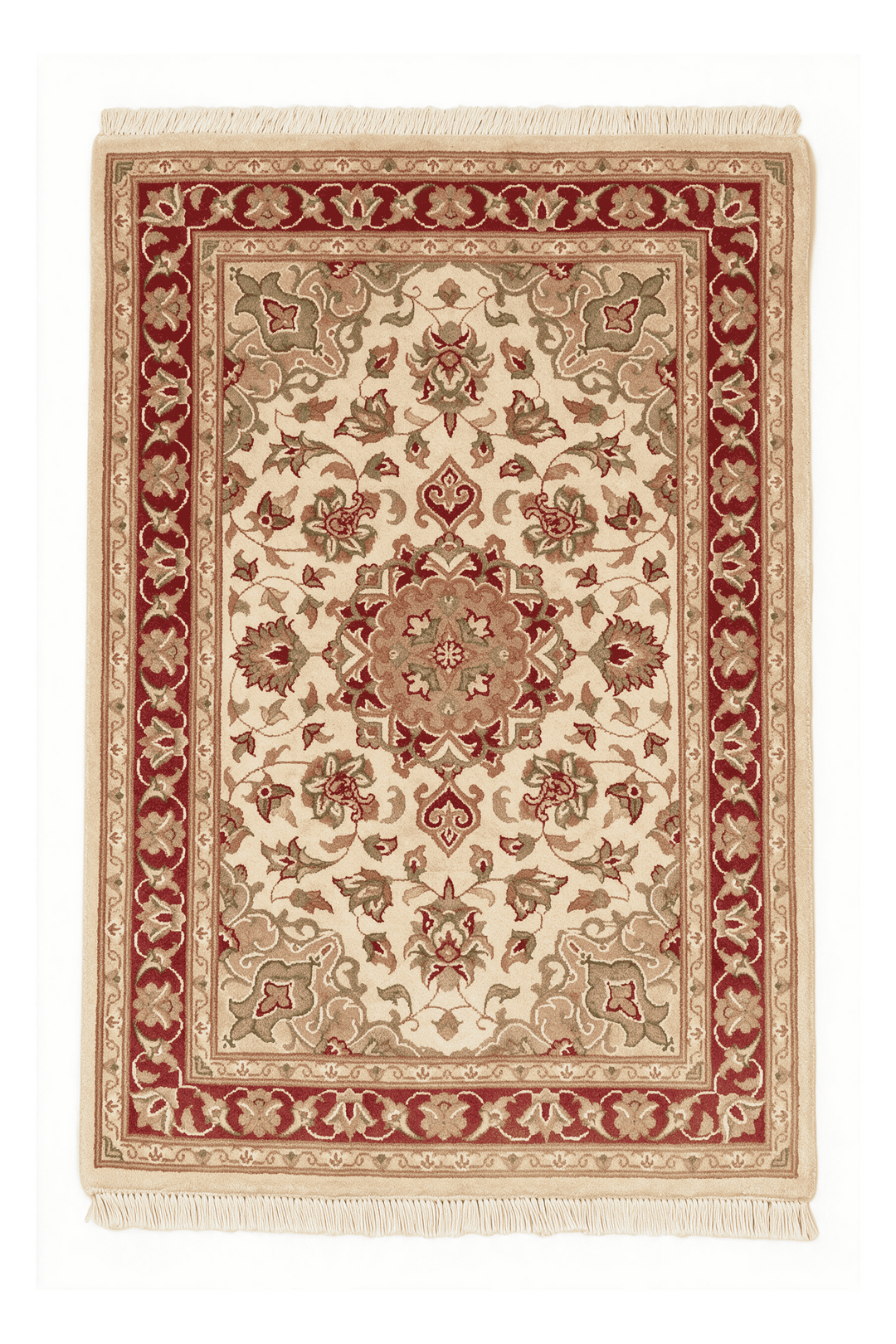 クリームのパキスタン絨毯 ダブルノット シルク（メダリオン柄） 61×94cm・玄関マットの手織りウール・シルクラグ