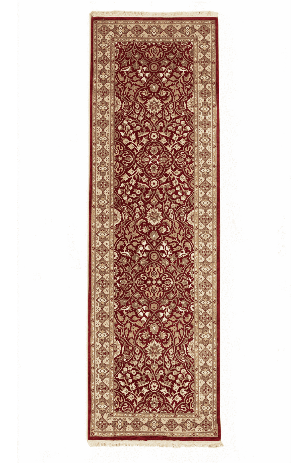 ディープレッドのパキスタン絨毯 ダブルノット シルク（花柄） 76×239cm・廊下ランナーの手織りウール・シルクラグ