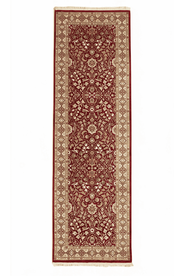 ディープレッドのパキスタン絨毯 ダブルノット シルク（花柄） 76×239cm・廊下ランナーの手織りウール・シルクラグ