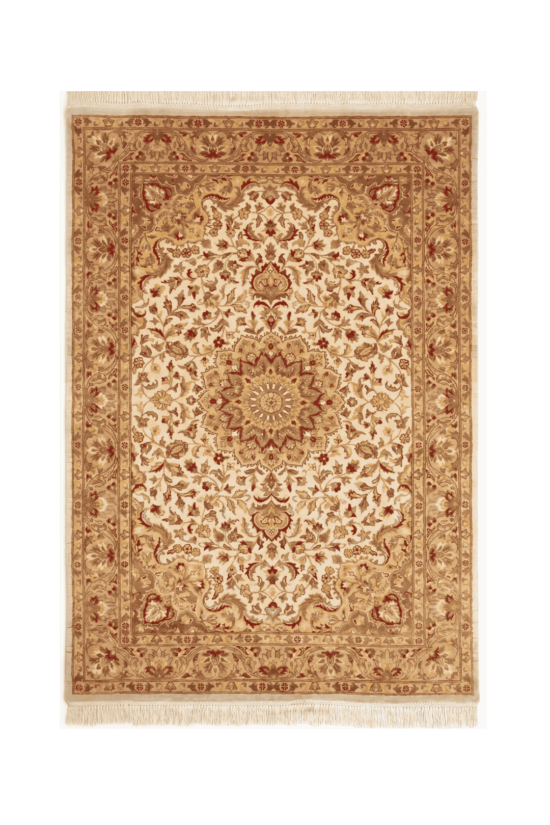 アイボリーのパキスタン絨毯 ダブルノット シルク（メダリオン柄） 124×183cm・約1.5畳の手織りシルクラグ