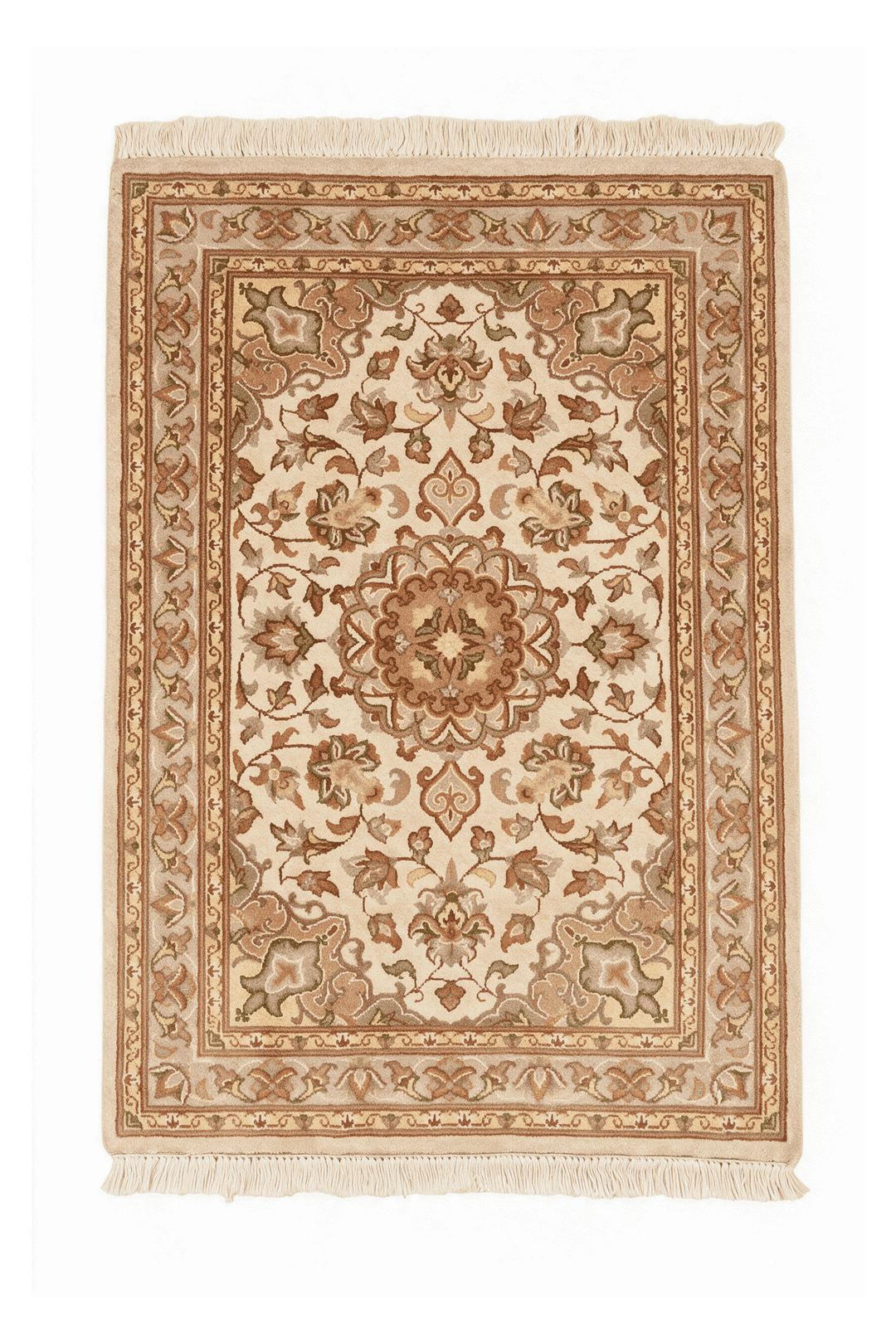 アイボリーのパキスタン絨毯 ダブルノット シルク（メダリオン柄） 61×92cm・玄関マットの手織りウール・シルクラグ
