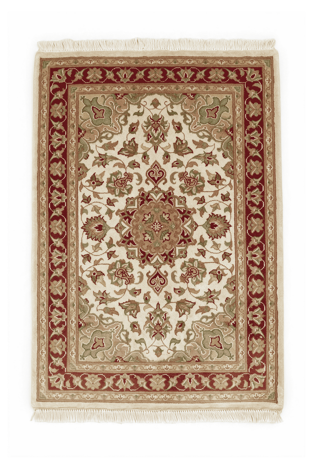 アイボリーのパキスタン絨毯 ダブルノット シルク（メダリオン柄） 62×93cm・玄関マットの手織りウール・シルクラグ