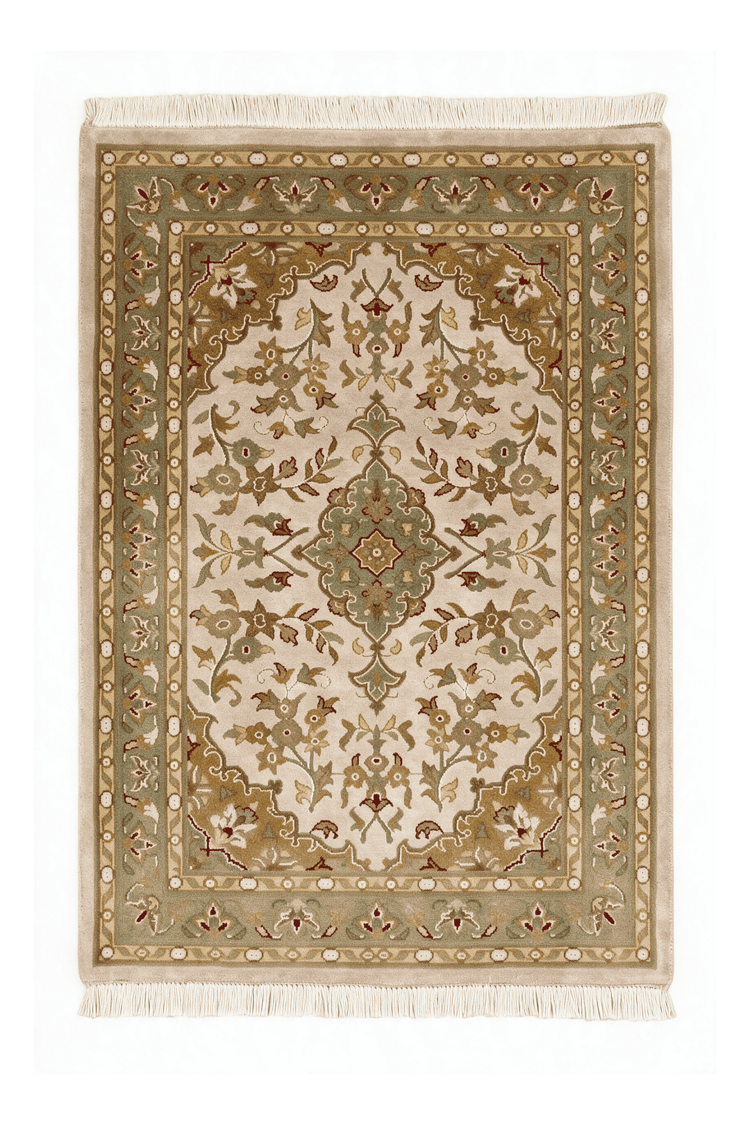 アイボリーのパキスタン絨毯 ダブルノット シルク（メダリオン柄） 62×94cm・玄関マットの手織りウール・シルクラグ