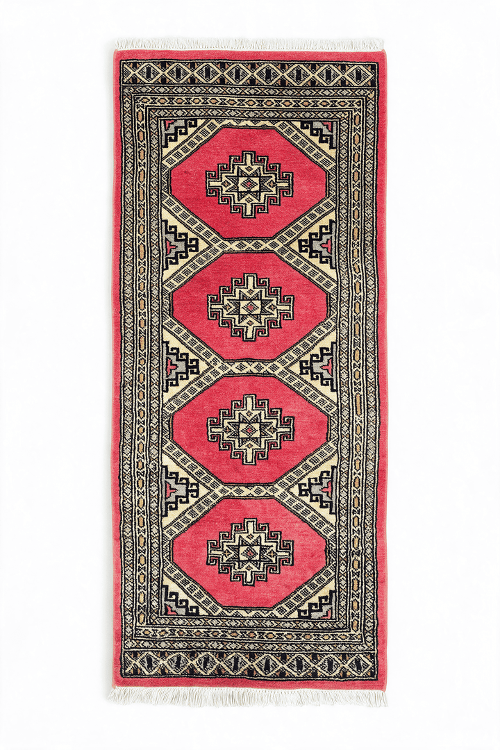 コーラルのパキスタン絨毯 ジャルダール（ギュル柄） 62×126cm・玄関マットの手織りウールラグ