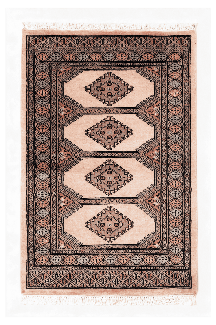 クリームのパキスタン絨毯 ジャルダール（ギュル柄） 78×125cm・約1畳の手織りウールラグ