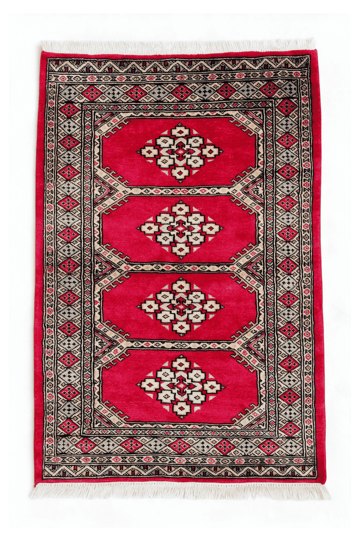 クリムゾンのパキスタン絨毯 ジャルダール（ギュル柄） 78×119cm・約1畳の手織りウールラグ