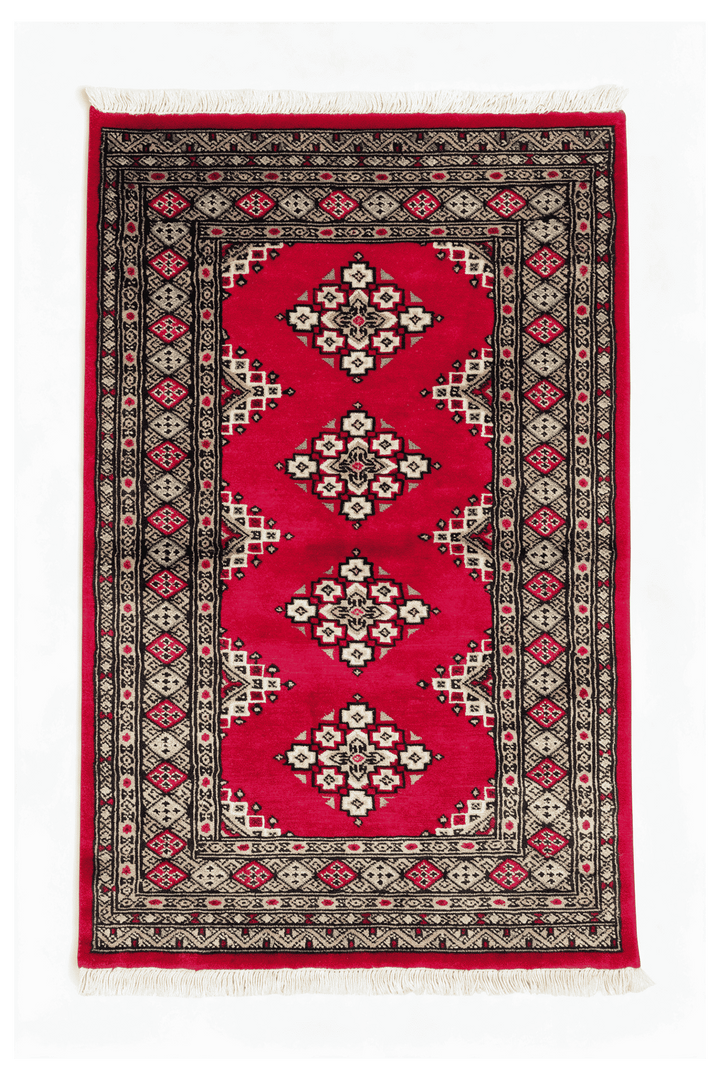 クリムゾンのパキスタン絨毯 ジャルダール（ギュル柄） 80×126cm・約1畳の手織りウールラグ