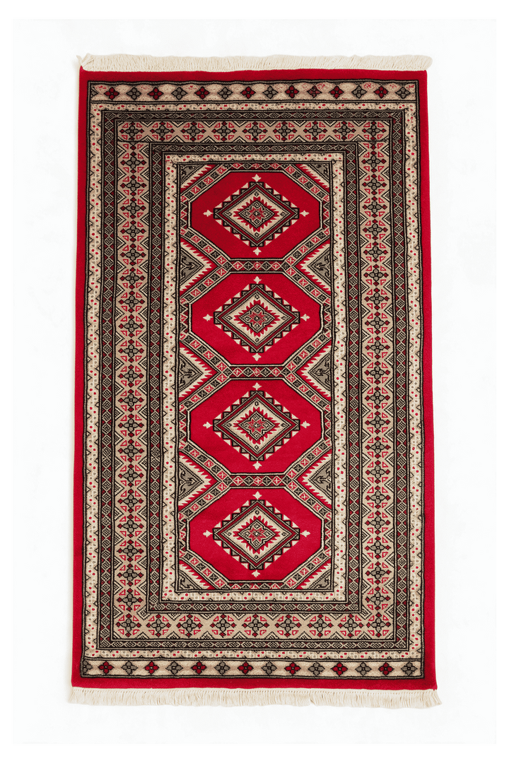 クリムゾンのパキスタン絨毯 ジャルダール（ギュル柄） 93×148cm・約1畳の手織りウールラグ