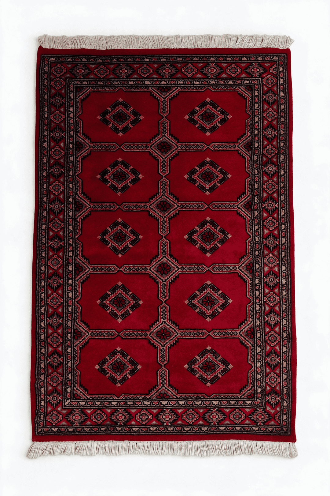 レッドのパキスタン絨毯 ジャルダール（ギュル柄） 76×102cm・玄関マットの手織りウールラグ