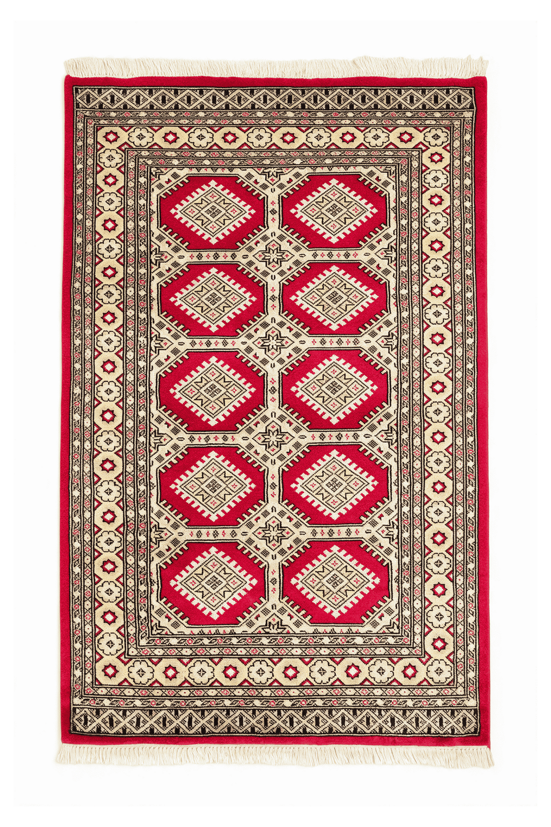 レッドのパキスタン絨毯 ジャルダール（ギュル柄） 97×148cm・約1畳の手織りウールラグ